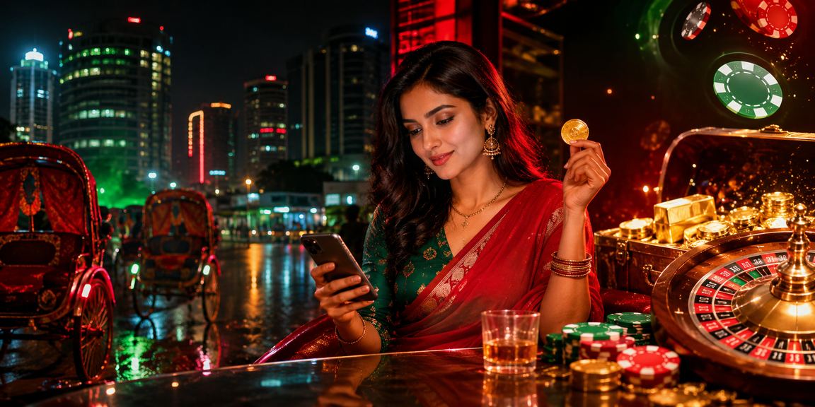 ঢাকায় লাল-সবুজ রঙের পরিবেশে একজন ব্যবহারকারী মোবাইলে ক্যাসিনো ভিআইপি উপভোগ করছেন